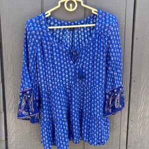 American Eagle Blue Paisley Sleeve Blouse Women’s Size Small Boho Peasant Top